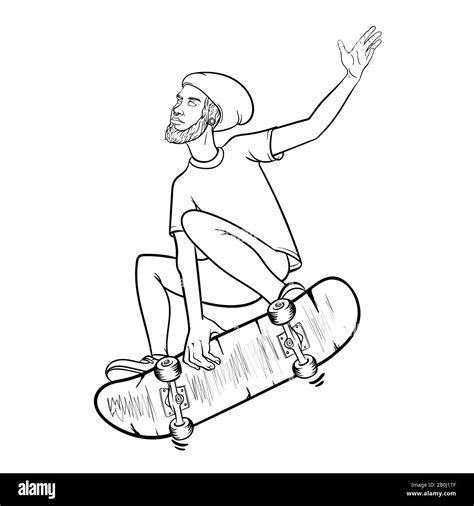 Vector Boy With Skateboard Jumping Hand Drawn Illustration Of A