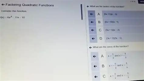 Factoring Quadratic Functions Consider This Function Fx6x2 11 X 10 What Are The Factors Of