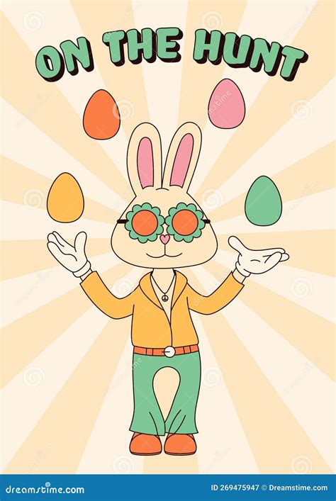 Groovy Hippie Happy Easter Posters Easter Bunny Vector Card In Trendy Retro 60s 70s Cartoon