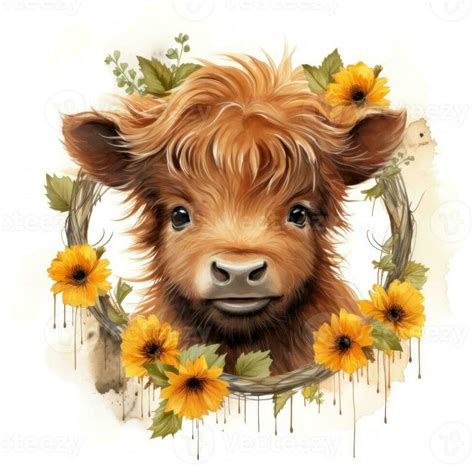 Cute and Happy Watercolor Baby Highland Cow with Sunflower Wreath AI ...