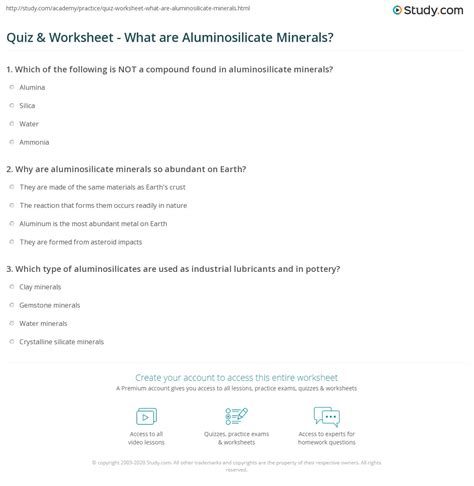 Quiz & Worksheet - What are Aluminosilicate Minerals? | Study.com