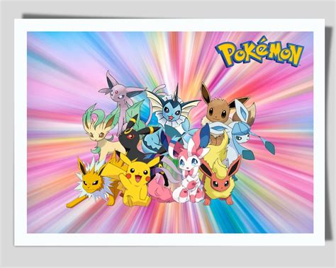 Pokemon Poster Eevee Evolutions With Pikachudigital Wall Art Instant