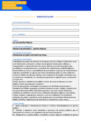 Projeto de Extensão GESTÃO FINANCEIRA DADOS DO ALUNO Aluno Nome