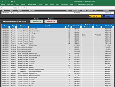Planilha Fluxo De Caixa Pizzaria Lanchonete Lojas Geral