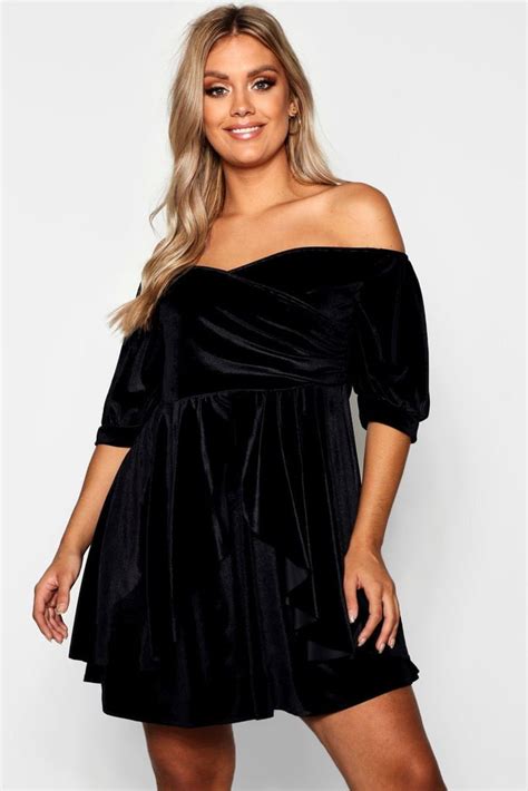 Boohoo Plus Bardot Ruffle Velvet Skater Dress Chrissy Teigen Black