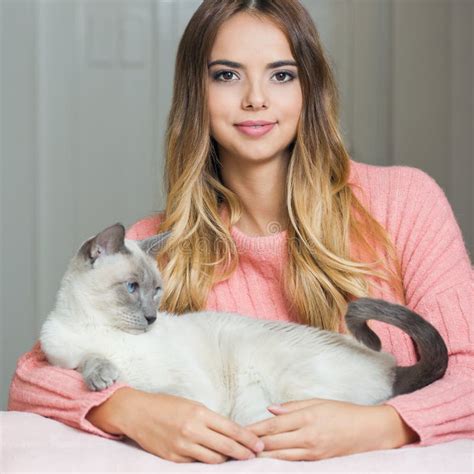 Gorgeous Brunette Loving Her Cat Stock Photo Image Of Beautiful Affection