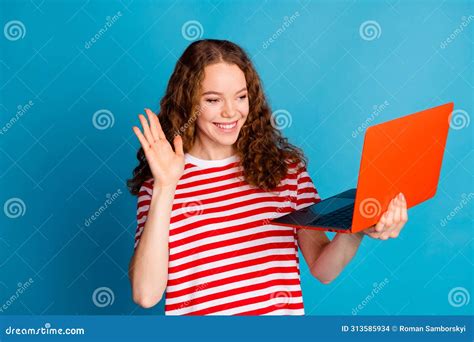 Portrait Of Cheerful Girl With Curly Hairstyle Wear Stylish T Shirt