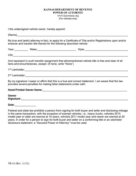 Free Kansas Motor Vehicle Power Of Attorney Form Form Tr Pdf