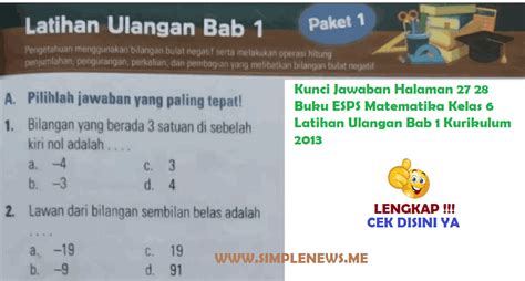 Lengkap Kunci Jawaban Halaman 27 28 Buku Esps Matematika Kelas 6 Latihan Ulangan Bab 1