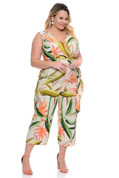 Macacão Plus Size Em Viscose Estampada Premium Vk Moda Plus Size