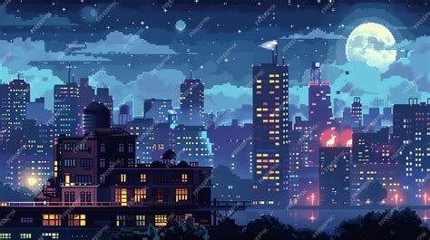 Premium Photo Pixel Art Cityscape With A Full Moon And Stars In The Night Sky