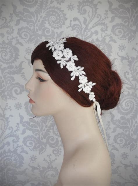 Lace Headband Bridal Headband Boho Ribbon Tie Lace Headpiece Bridal Hair Accessory White