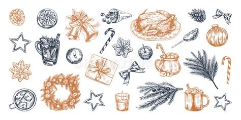 Hand Drawn Christmas Set In Sketch Style Festive Decoration Wreath