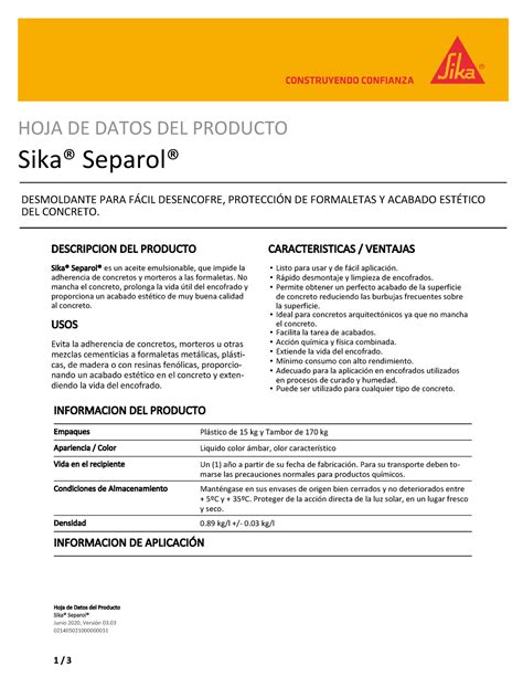 Sika Separol FICHA TECNICA Hoja De Datos Del Producto Sika Separol