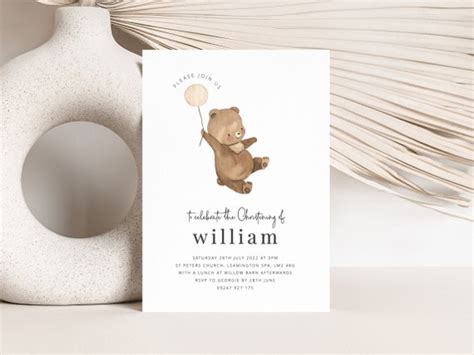 Bear Christening Invitation Template Teddy Bear Baptism Etsy