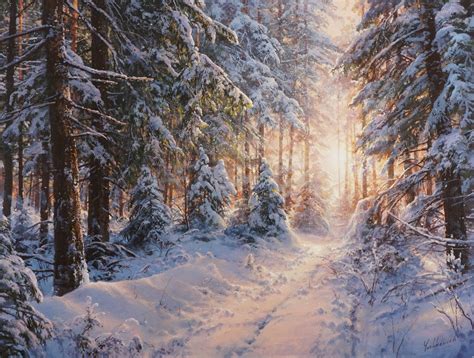 Silence Of The Winter Forest Acrylic Painting By Viktar Yushkevich