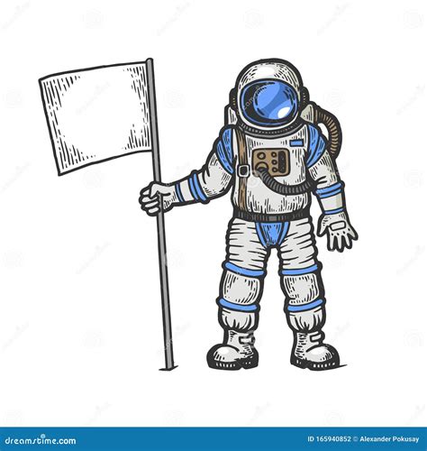 Spaceman With Flag Engraving Vector Stock Vector Illustration Of