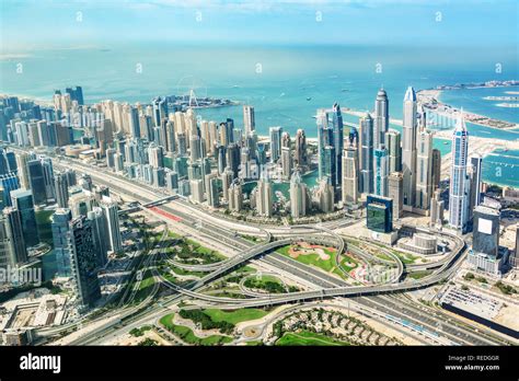 Aerial View Of Dubai Marina Skyline And Road Interchange United Arab