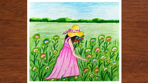 How To Draw Flower Garden With Girl Easy Flower Garden Scenery