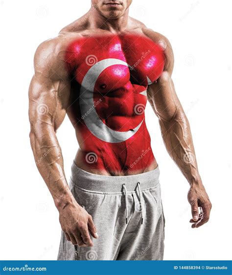Shirtless Muscular Man With Turkey Flag Painted On Naked Chest Stock Photo Image Of Isolated