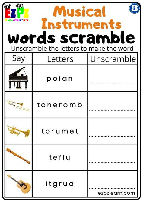 Group Three Musical Instruments Words Scramble Worksheet For Esl And K