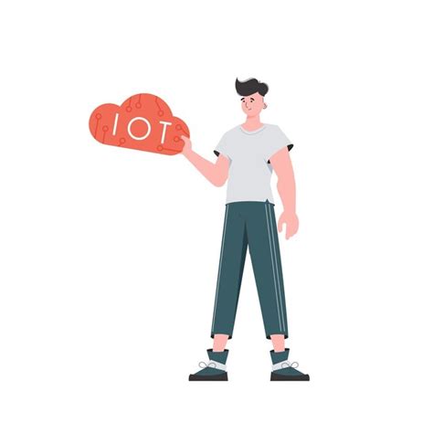 그 남자는 그의 손에 Iot 로고를 들고 있다 사물 인터넷 개념 플랫 스타일의 격리된 벡터 그림 프리미엄 벡터