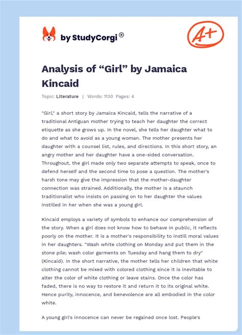 Analysis Of Girl By Jamaica Kincaid Free Essay Example