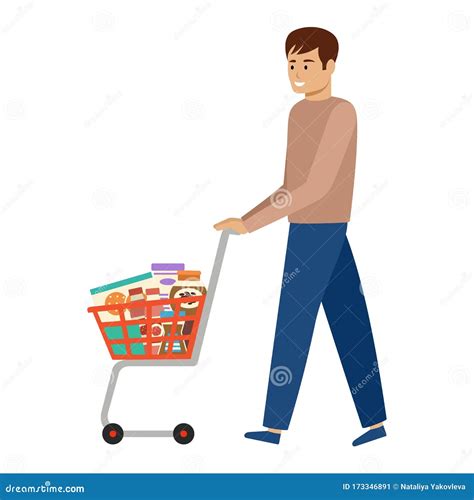 Man And Shopping Cart With Products Health Food Stock Vector