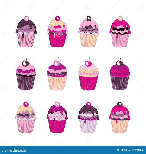 Set Of 12 Cute Cupcakes Isolated On White Background Stock Illustration