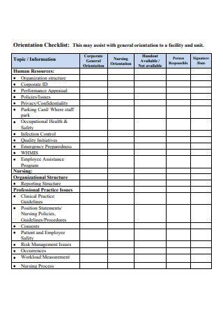 Sample Nursing Orientation Checklist In Pdf