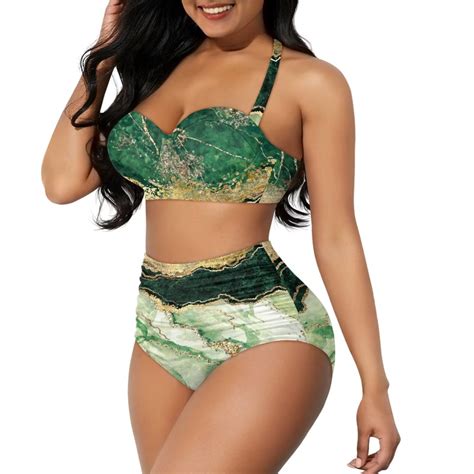 Renewold Green Marble Stripes Women Tankini Swimsuits Piece Tummy Control Bikini Sets Sexy