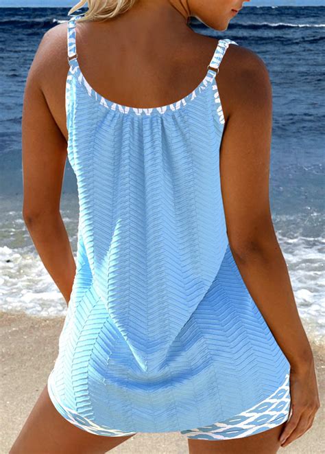 Plus Size Bowknot Light Blue Geometric Print Tankini Set Modlily