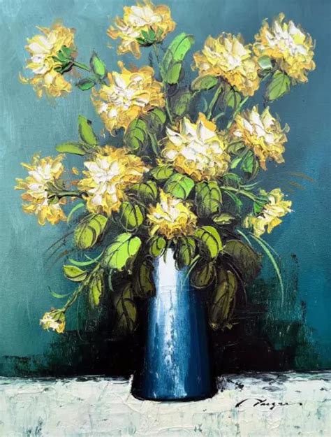 Vintage Oil Painting Still Life Yellow Flowers Floral Art In Blue Vase