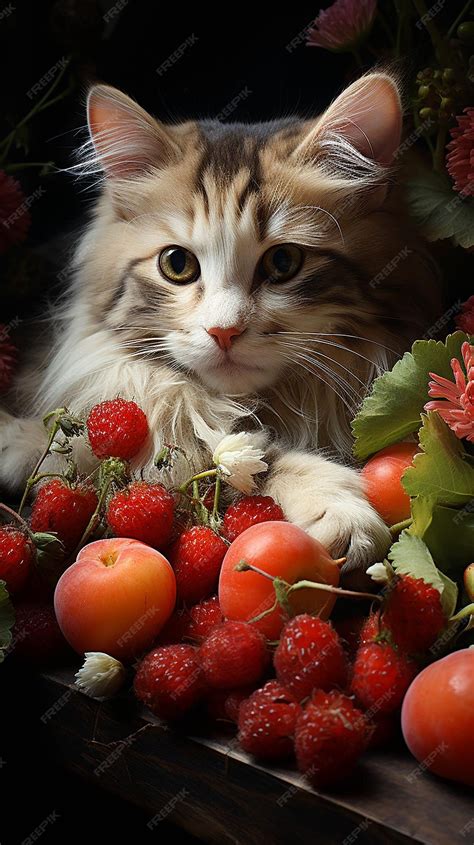 Premium Ai Image A Cat Is Laying Next To A Bunch Of Strawberries