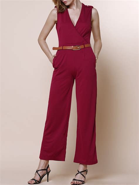 V Neck Sleeveless Pure Color Jumpsuit For Women Red Xl In Jumpsuits