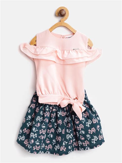 Buy Peppermint Girls Peach Coloured And Navy Blue Solid Top With Skirt