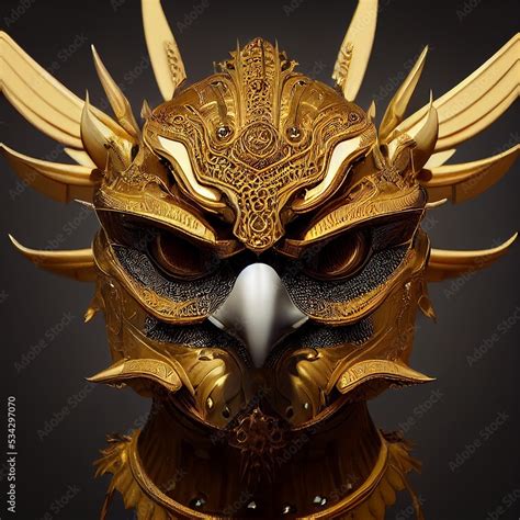 Garuda inspiration mask, red and gold mask, precious metal mask with a ...