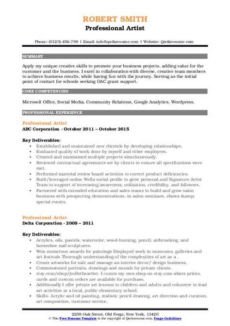 Professional Artist Resume Samples Qwikresume