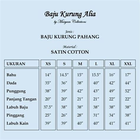 Size Chart Baju Wanita Saget Sae