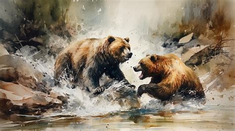 Premium Ai Image Watercolor Painting Of Two Brown Or Grizzly Bears