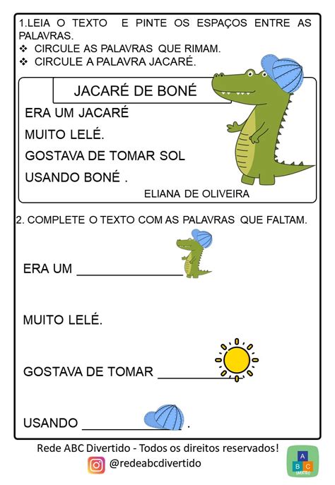 Sequência Didática para alfabetização Jacaré de boné