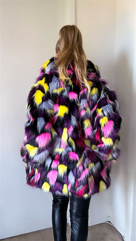 Multicolored Faux Fur Coat Etsy