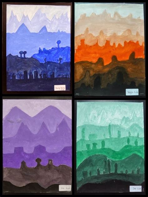 Four Different Colored Paintings With Mountains In The Background And