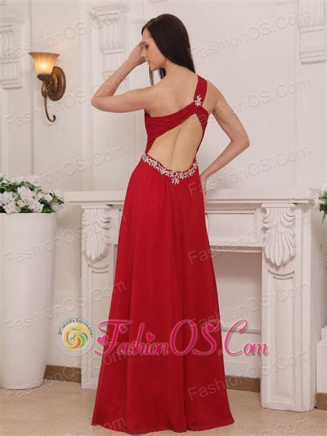 Red Empire One Shoulder Floor Length Chiffon Beading And Rush Prom