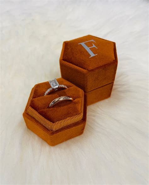 Burnt Orange Hexagon Velvet Ring Box Double Slot Engagement Etsy