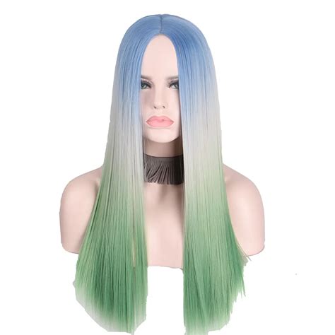 Anxin Wig Straight Long Gradient 3 Colored Blue White Green Cosplay