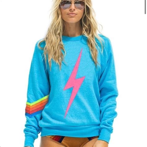 Sweaters Aviator Nation Bolt Stitch Chevron Stripe Neon Blue In