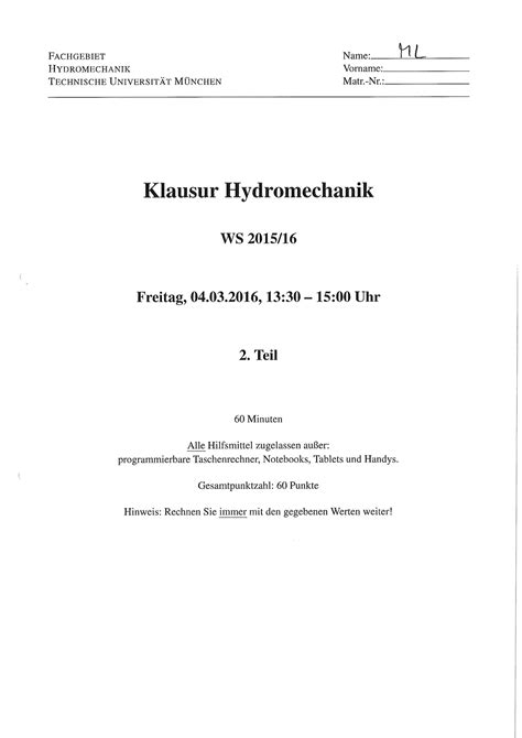 Musterloesung Hydromechanik Ws Tum Studocu