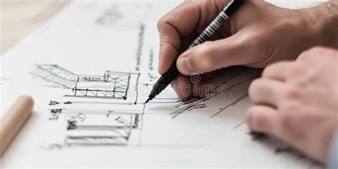 Architect Drawing Blueprint Hand With Black Pen Sketching Technical