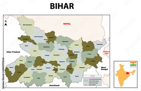 Bihar Map.Political map of Bihar District. Bihar map with gray color ...